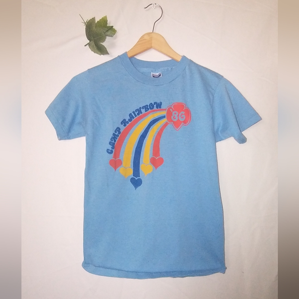 Hanes Light Blue Short Sleeve Tee with Retro Rainbow Heart Graphic